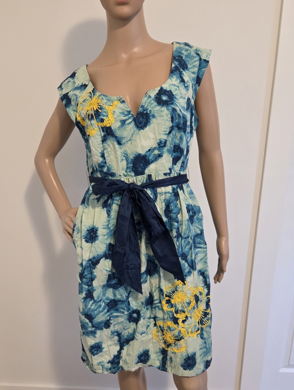 Anthropologie Floreat Knotted Poppies Dress Blue And Teal Watercolour